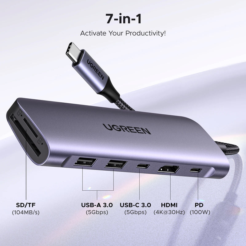 UGREEN USB C HUB 7 in 1 Dock 4K HDMI 100W PD USB-C & 2xUSB-A 5Gbps Data Ports SD/TF Card Reader for Laptop MacBook Pro/Air Dell