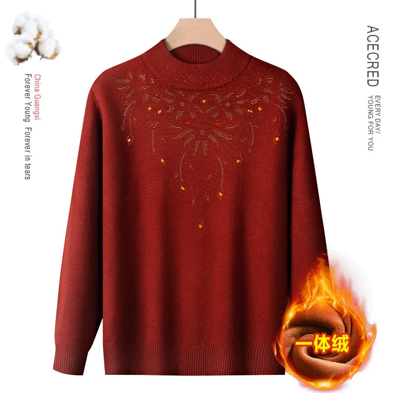 អាវយឺតរោមចៀមរដូវស្លឹកឈើជ្រុះរដូវរងាពាក់កណ្តាលកខ្ពស់សម្រាប់ម្តាយវ័យកណ្តាលអាវទ្រនាប់ក្តៅស្រទាប់មូលដ្ឋានកំពូលសម្លៀកបំពាក់នារីប៉ាក់