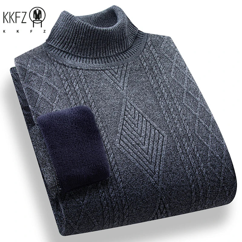 Stretch Turtleneck Male Knitted Pullover Embossed Twist Rhombus Pattern Fleece Lined Cold Proof Casual Long Sleeve Top