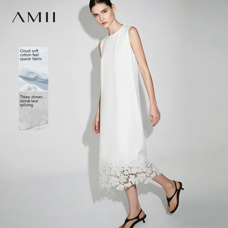 Amii Women's Dress 2026 Summer New Round Neck Patchwork Lace Trim Cotton Elegant Office Casual Midi Dress for Women 12652020