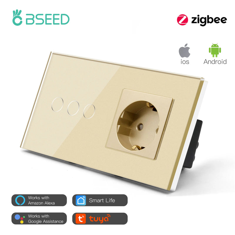 BSEED Zigbee Switch 1/2/3Gang Smart Sensor Switch Tuya Smart Life Control No Neutral Line With Normal EU Wall Socket