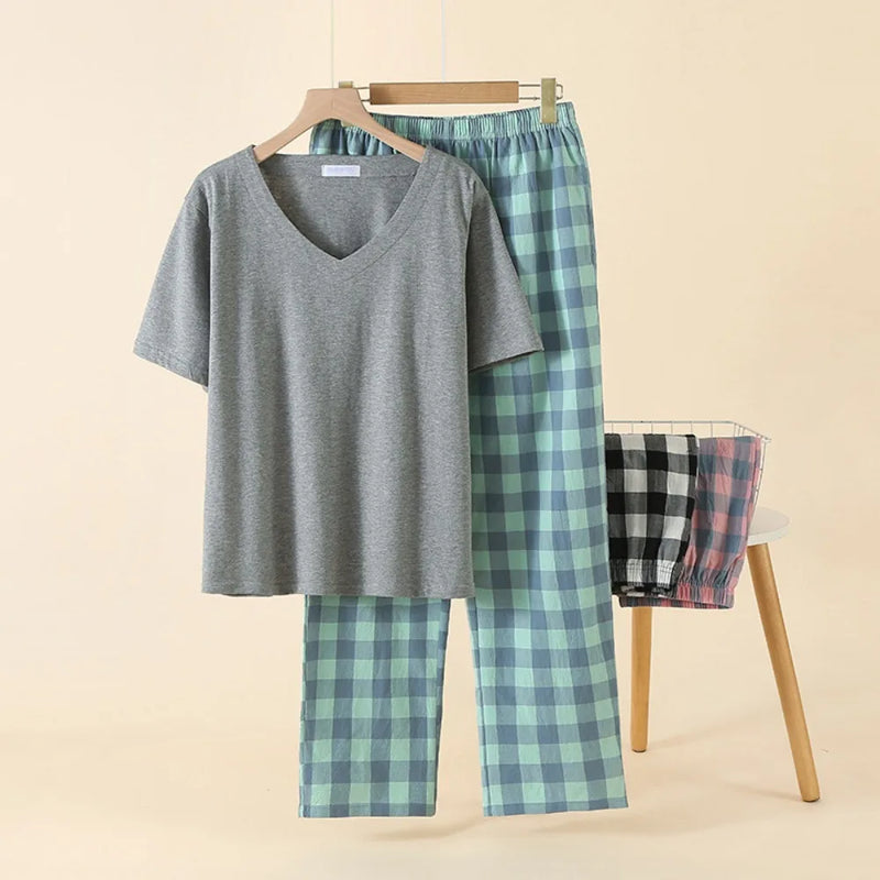 Summer Pajamas for Women V-neck Top and Trousers 2-piece Short Sleeve Homewear Set Women's Sleepwear Home Clothing Loungewear