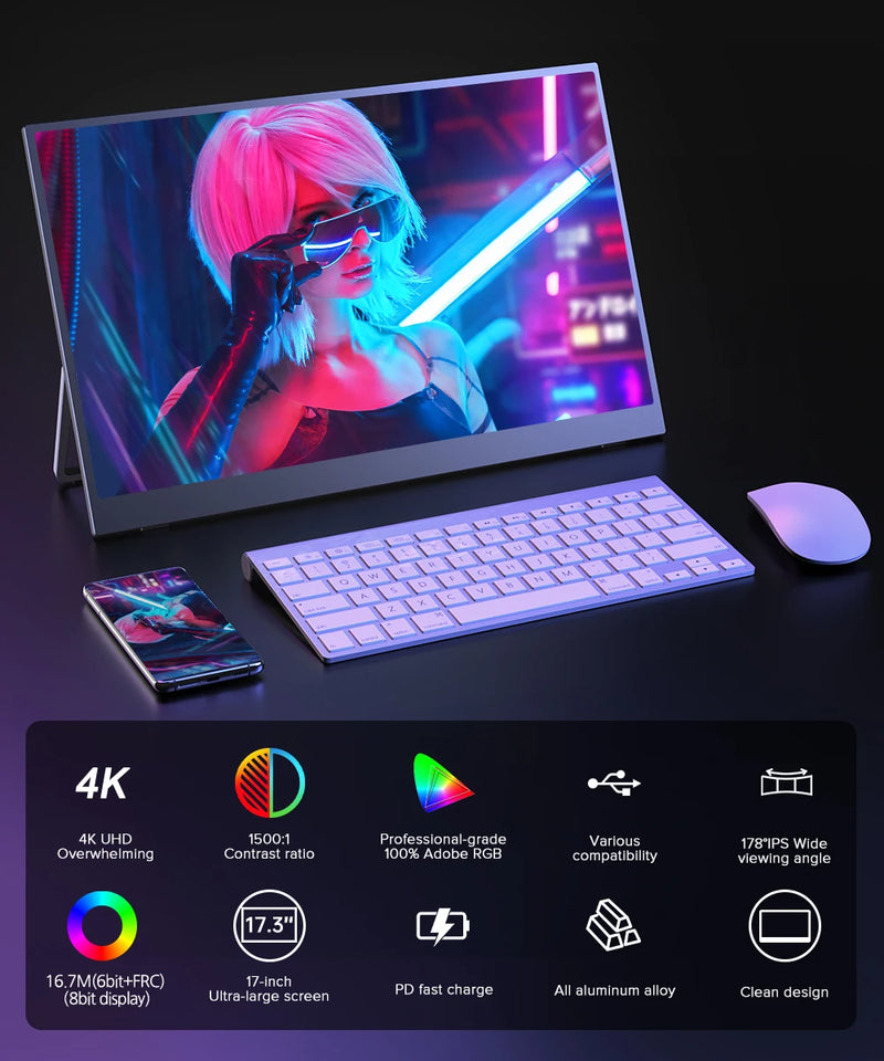 UPERFECT Truely 4K Computer Monitor 17.3" IPS UHD 500 Nit Brightness 3840X2160 USB C HDR FreeSync Speaker Type-C HDMI OTG VESA