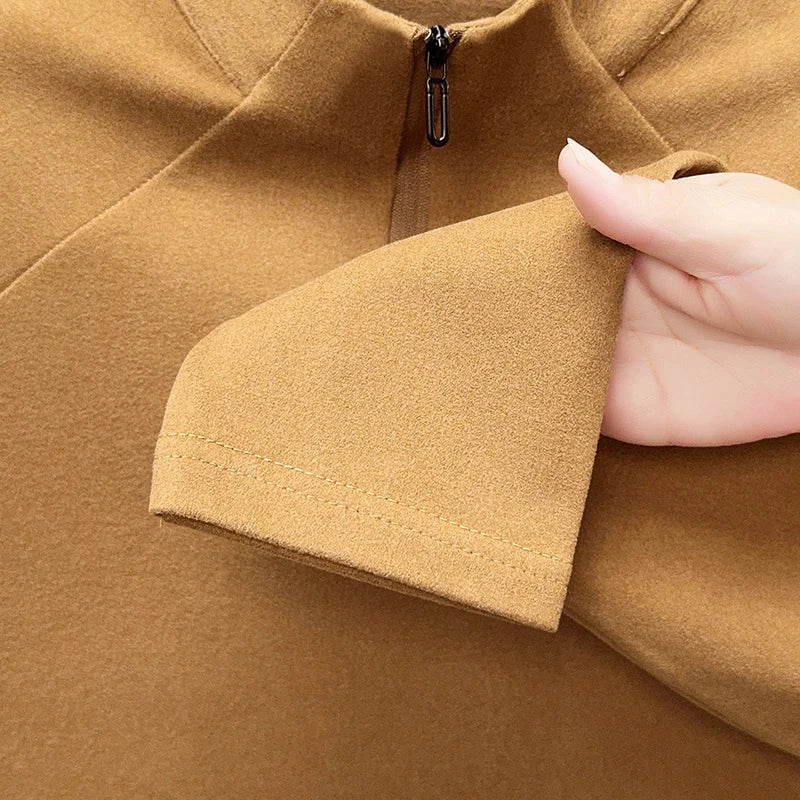 High-End Man Long-Sleeved T-Shirt Mock Neck Half-Zip Double-Faced Velvet Fleece Exquisite Embroidery Autumn Winter Leisure Tops
