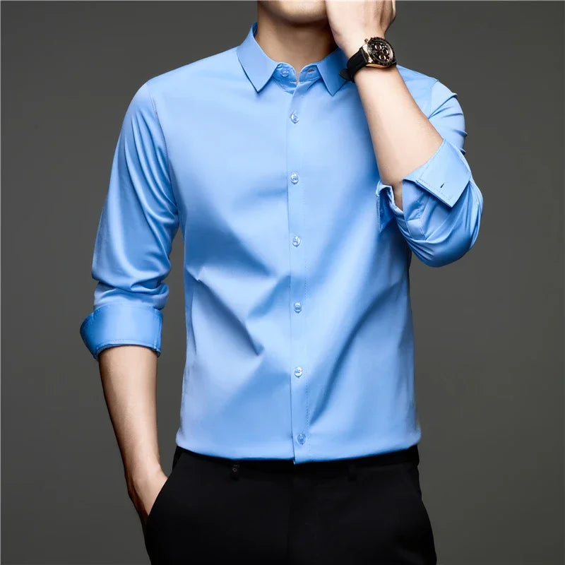 Mens Lightweight Button Up Dress Shirt Lapel Collar Long Sleeve Glossy Texture Top For Daily Business Occasions