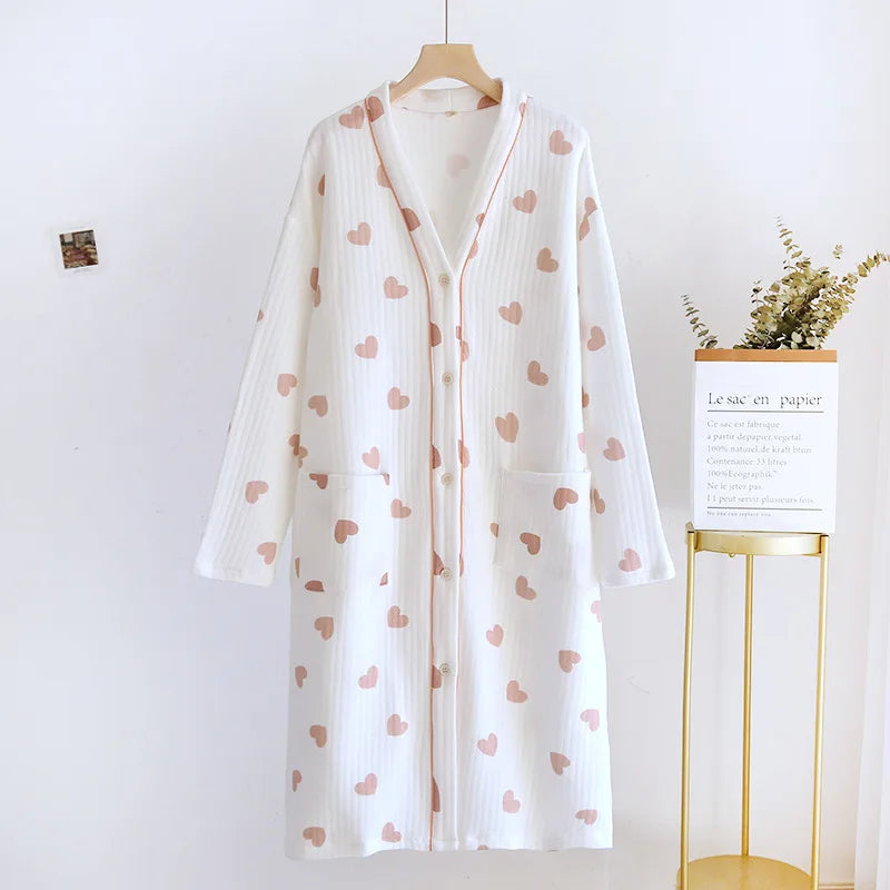 Air Layer Cotton V-Neck Cardigan Dress Long Sleeve Women's Autumn Winter Nightdress Loose Thicken Warm Nightgowns Female