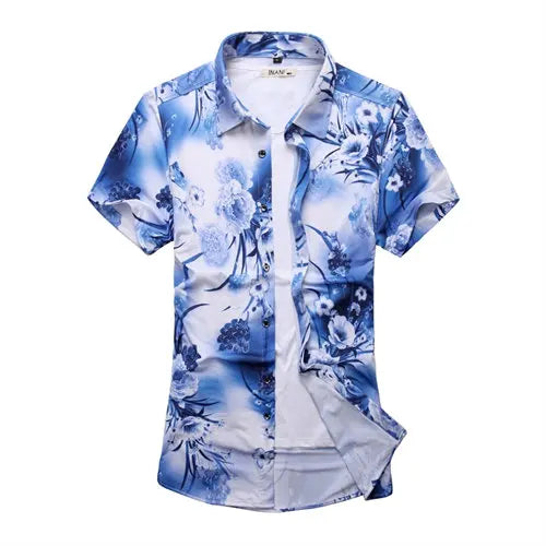 2026 Summer Men's White Short-Sleeved Printed Shirt, Blue Single-Breasted Lapel Shirts, Asian Sizes M-7XL.