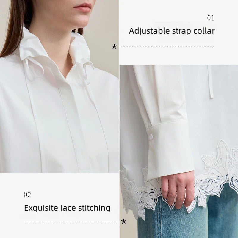 Amii Woman Autumn Shirt 2026 New Elegant Commuter Lapel Shirt Lace Patchwork Loose Cotton Casual Long Sleeve Top 12621011