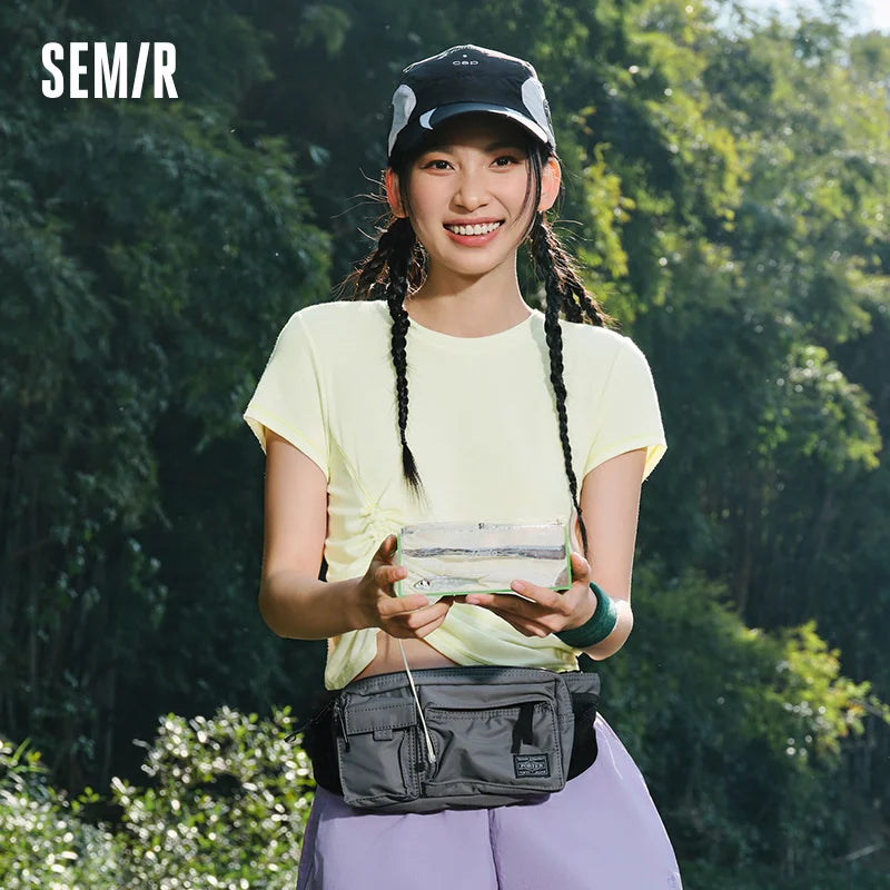 Semir Womens Tshirt 2026 Short Style Drawstring Ruched Solid Slim Crew Neck Gentle Style Casual