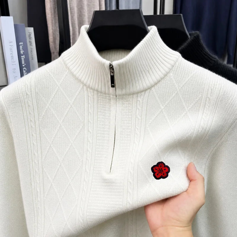 Men's Long-Sleeved Knitwear Mock Neck Zipper Flower Exquisite Embroidery Autumn Winter New Pullover Leisure Trend Men's Clothing