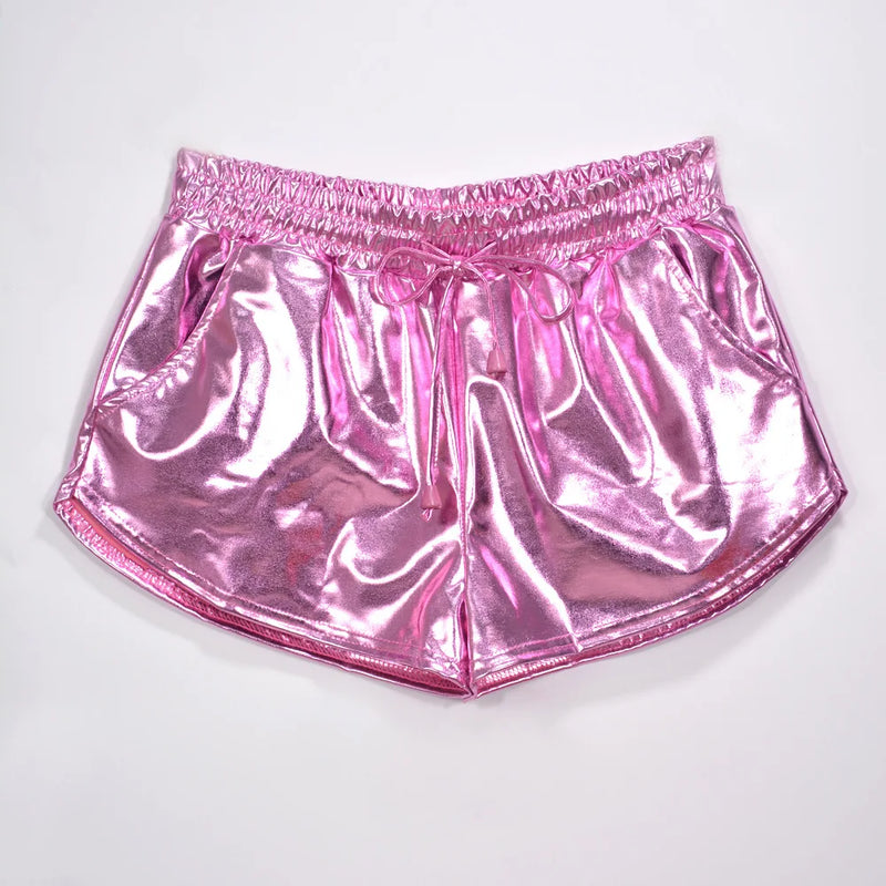 2026 Spring New Women's Silver Elastic Drawstring PU Shorts Stylish and Sexy Mini Shorts Available in Gold,Green,Black,Pink.