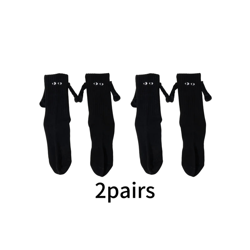1/2Pairs Couple's Magnetic Toe Link Socks - Playful Cartoon Face Design, Matching Couples Novelty Socks, Fun Fashion Accessory