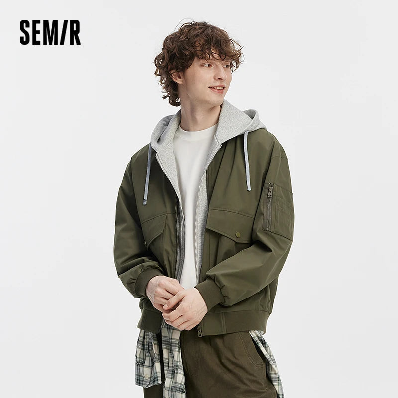 Semir Men Jacket Hooded Faux Layer Colorblock Street Casual Style Loose 2026 Autumn Outerwear Layered Trendy Daily Wear