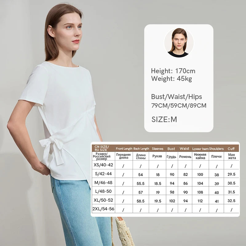 AMII Women Casual Summer T-shirt 2026 New Short Sleeve Slash Neck Tie-up Piece Pleated Cotton Tee Woman Slim Top 12552035