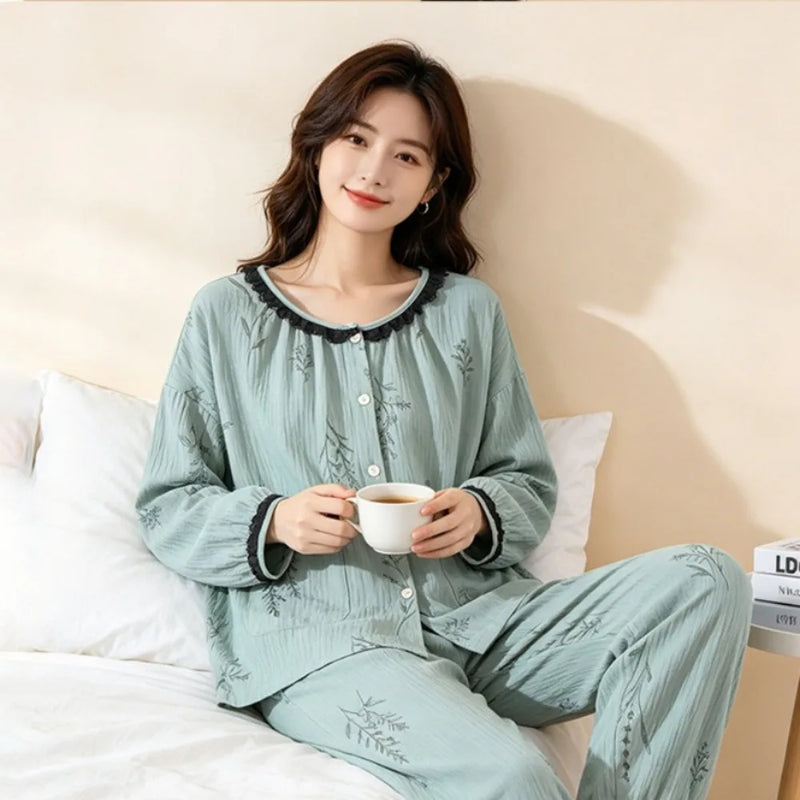 Women's Pajamas Suit Autumn New Long-sleeved Trousers Two-piece 100% Cotton Sleepwear Night Wear for Ladies 2PCS Pjs Woman Set