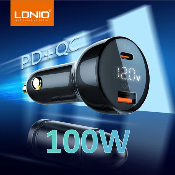 ឆ្នាំងសាករថយន្ត LDNIO 100W លឿនខ្លាំង USB រន្ធពីរ Type C PD QC LED Car Adapter សម្រាប់កុំព្យូទ័រយួរដៃ iPad iPhone 15 14 Xiaomi Huawei Samsung