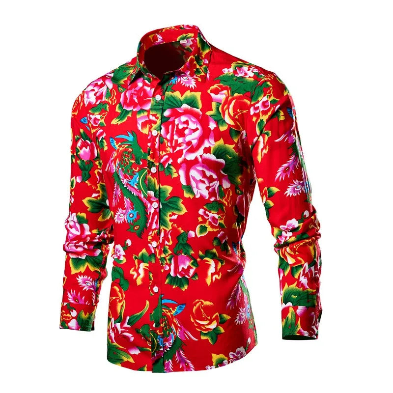 2026 Men's Red Printed Long Sleeve Shirts, Single-Breasted Square Collar Shirt, Chinese Nostalgia Style Tops Camisa Male Chemise