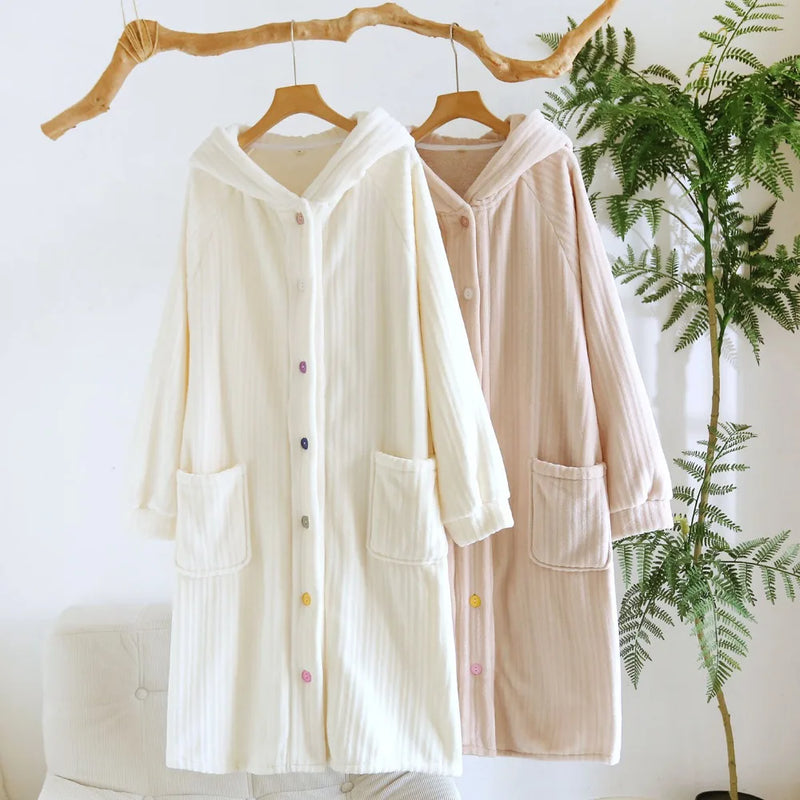 Flannel Thickened Robes for Woman New Winter Sleepwear Solid Color Hooded Bathrobe Women's Sleep Dressing Gowns Soft Homewear