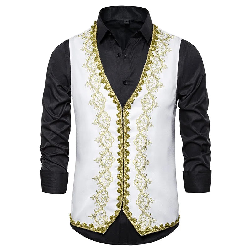 2026 Men's Red-Gold Embroidered Vest Jacket, White Court/Studio Waistcoat, Black Opera Stage Performance Sleeveless Vests Coat