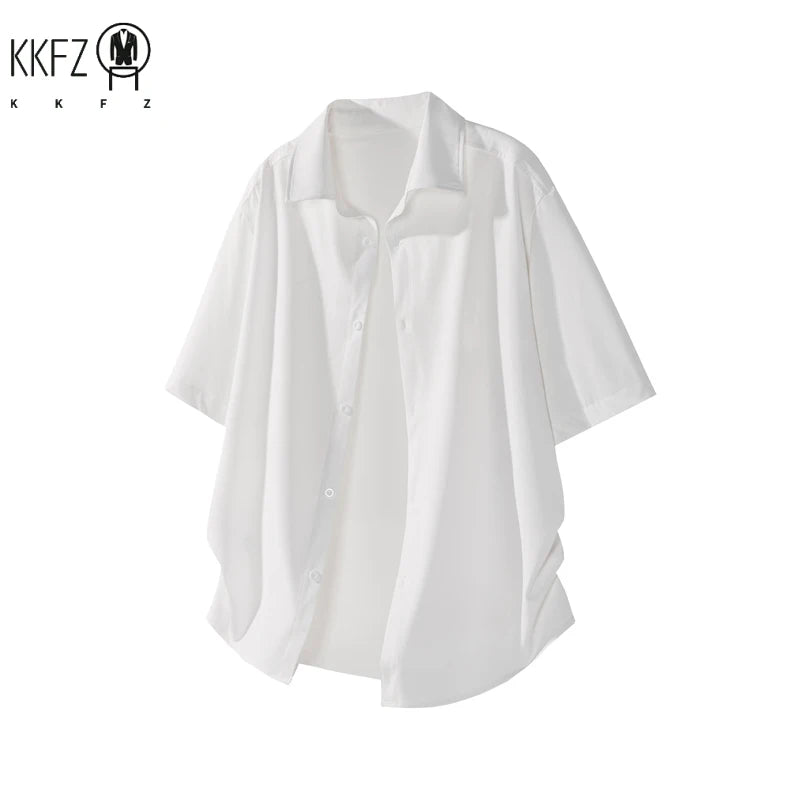 Mens Lightweight Loose Short Sleeve Shirt Lapel Collar Full Button Design Suitable For Vacation Hangout And Leisure Scenes
