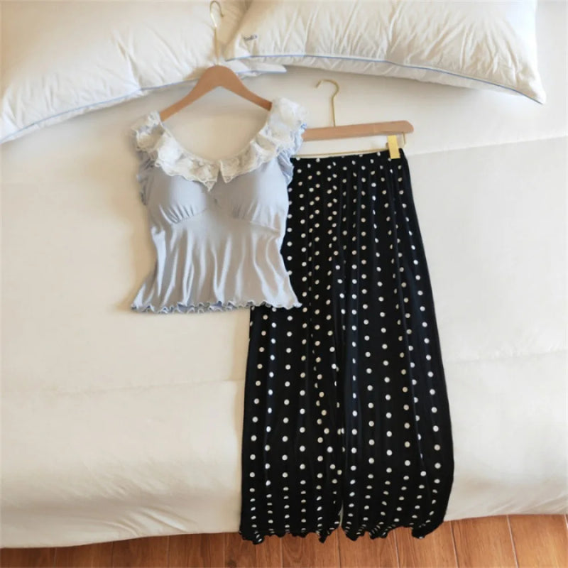 Chest Pads Summer Pajamas Set Soft Sleepwear Lounge Wear Sleeveless 2 Piece Loungewear Suit for Home Wear Pijama Woman Clothes