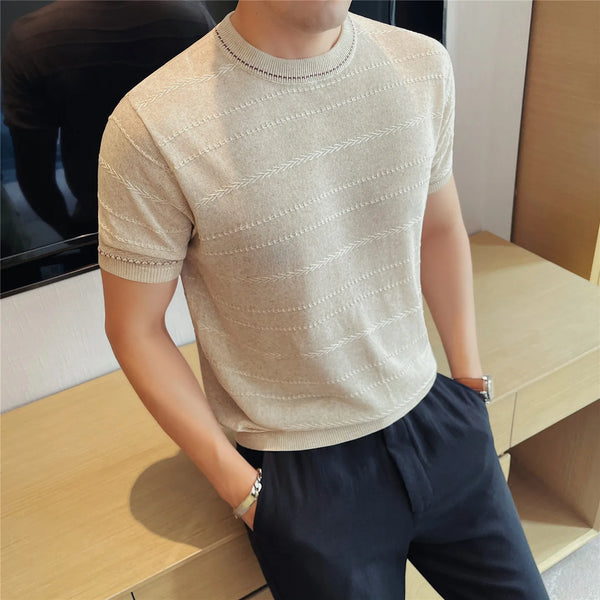 Men Two-Tone Linen Blend Knit T-Shirt – Summer Breathable Textured Short Sleeve Tee with Crew Neck  Casual & Smart Casual Wear
