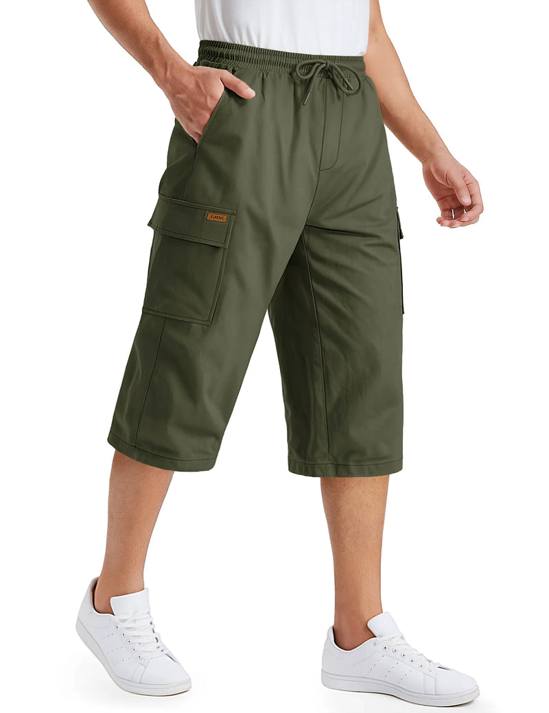 TACVASEN Mens Cargo Capri Short Pants 97% Cotton Below Knee Loose Fit Pants 6 Pockets Work Drawstring Waist Casual New Trousers
