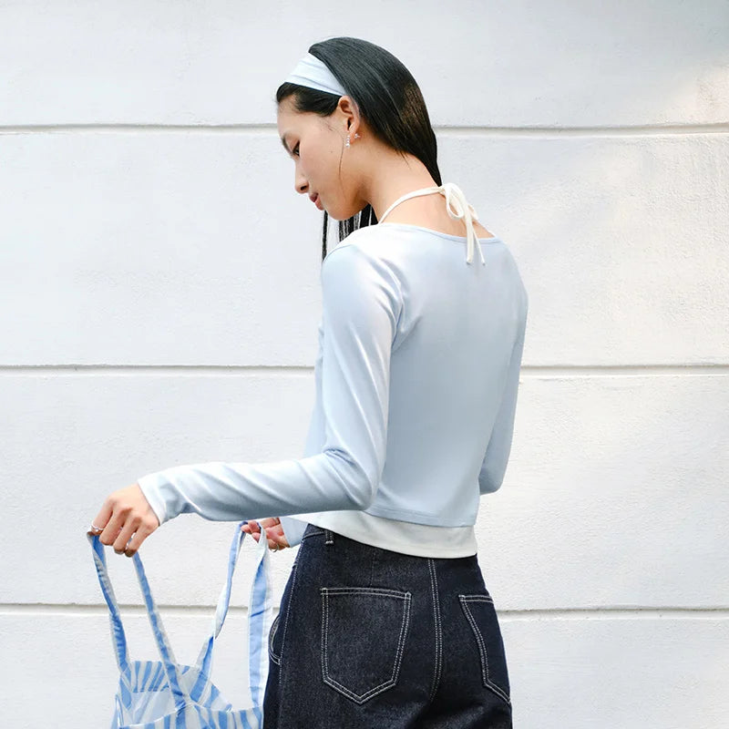 Semir Women Tshirt 2026 Spring Short Halter Neck Slim Fake Two Piece Elegant Trendy Long Sleeve Fashion Tops