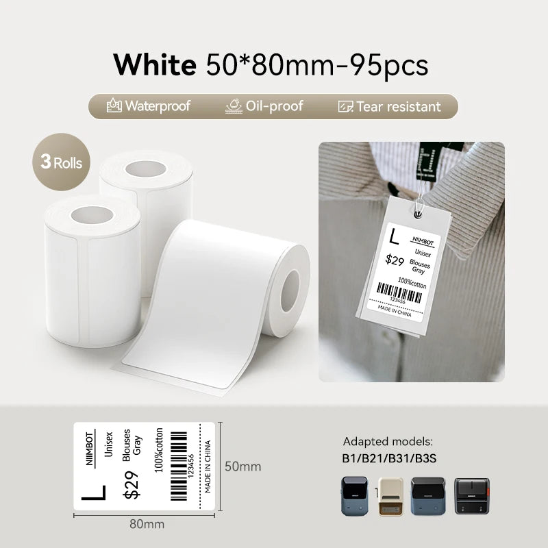 3 Rolls Niimbot Thermal Label Sticker for B1/B21/B3S/B31Barcode Sticker White/Color/Transparent Self-adhesive Paper 20-50mm
