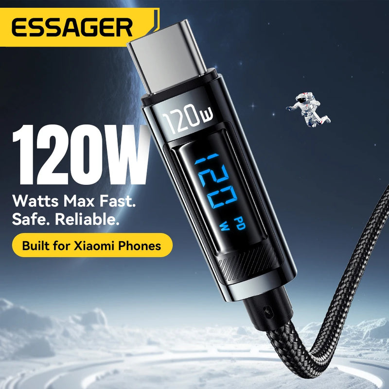 ខ្សែសាក Essager 120W USB Type C PD Super Flash Charging 6A សម្រាប់ Xiaomi 14Pro Redmi K70 POCO X6 Black Shark 3Pro អេក្រង់ LED ឌីជីថល