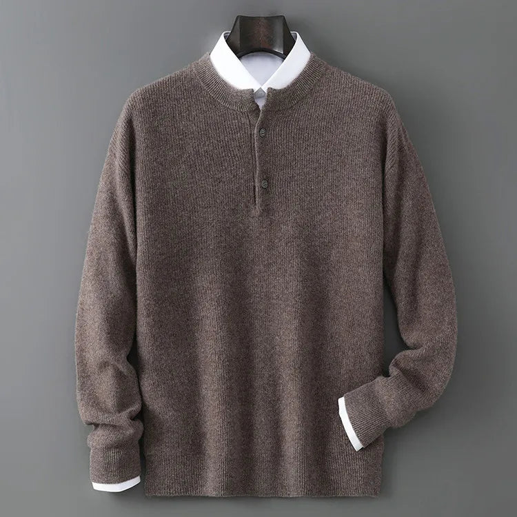 100% Wool Sweater, Round Neck Button Detail, Solid Jacquard Knit, Loose Fit Autumn Winter
