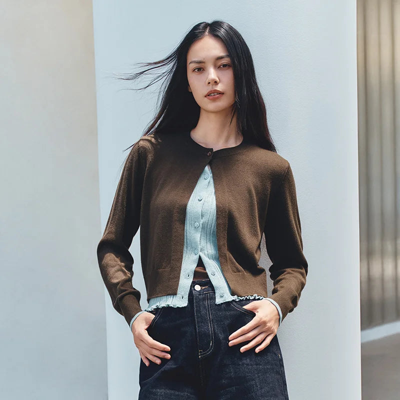 Semir Women Cardigan Short Contrast Patchwork Faux Two Piece Ruffle Trim Soft Casual Autumn Knitwear Daily Wear 2026