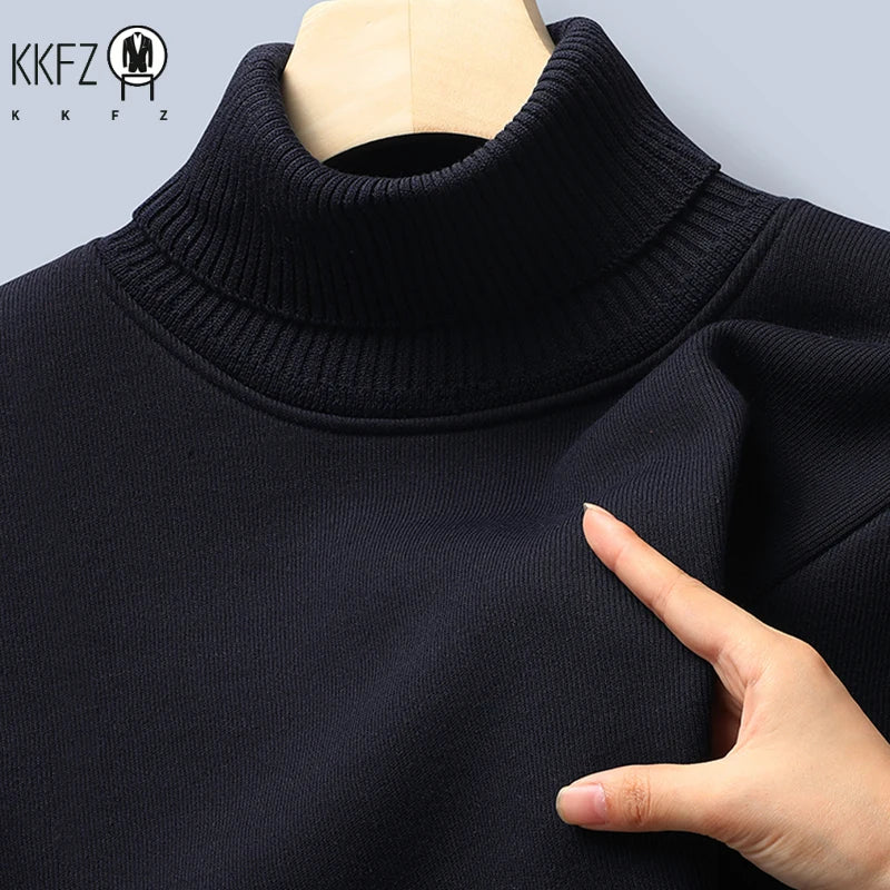 Stretch Knitted Turtleneck Top For Males Full Fleece Lining Thermal Warm Pullover Long Sleeve Casual Street Outfit