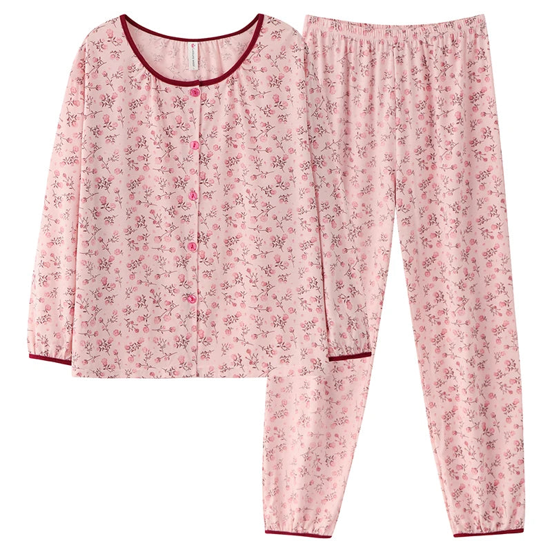Spring Autumn O-Neck Pyjamas Female Pajamas Sets Elegant Floral Japanese Kimonos For Women Big Yards M-3XL Cotton Home Clothes