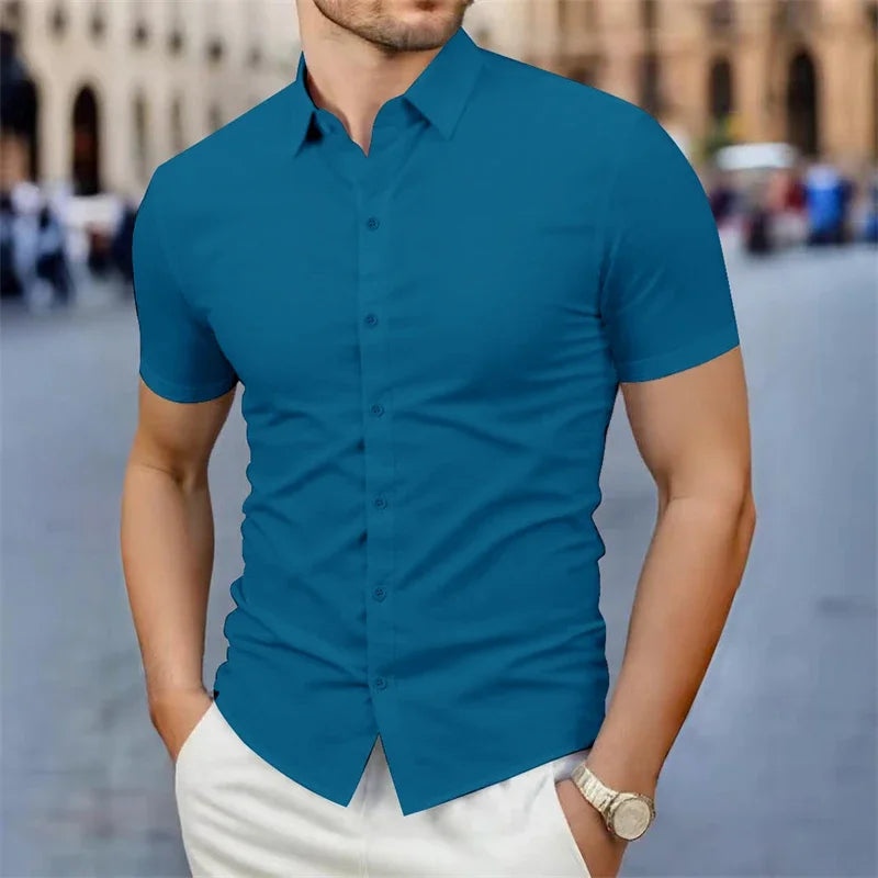 Men's Business Casual Solid Color Short Sleeve Shirt Summer Fashion No Ironing Comfortable Versatile Top for Men