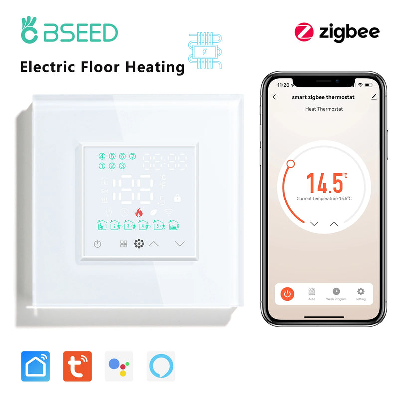 BSEED Zigbee Electric Floor Heating Thermostat Temperature Controller With Normal Socket Tuya Smart Life Google Home Control