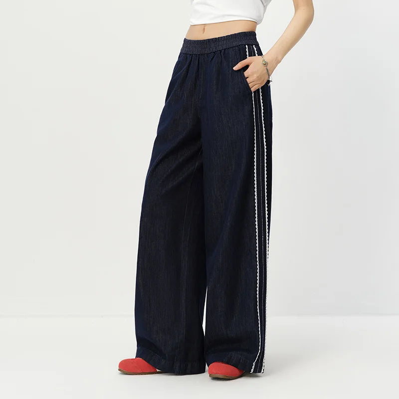 Semir Women Pants Denim Lace Trim Loose Wide Leg Lazy Temperament Floor Length 2026 Summer Fashion Casual Top