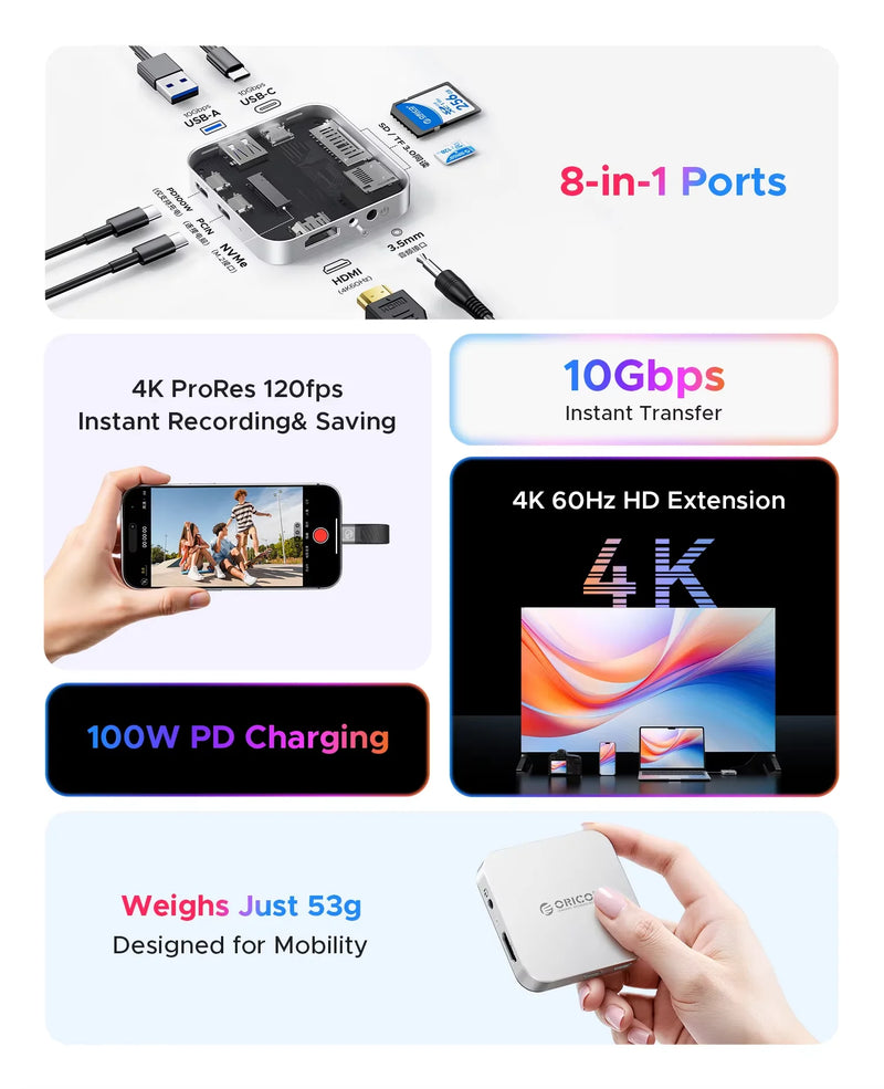 ORICO Magnetic M.2 2230 NVMe SSD Enclosure 10Gbps USB C Docking Station with 4K60HZ HDMI-COM SD/TF PD 100W Charger for iPhone 17