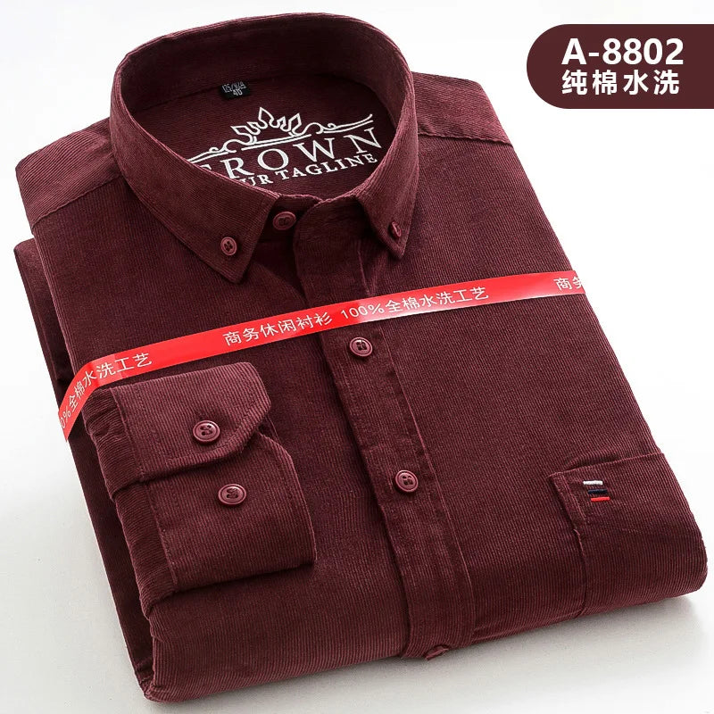 Spring Men's Yellow Long-Sleeve Shirt, Corduroy Collared Shirts, Asian Sizes, Available in Blue, Red, Gray, and Green.