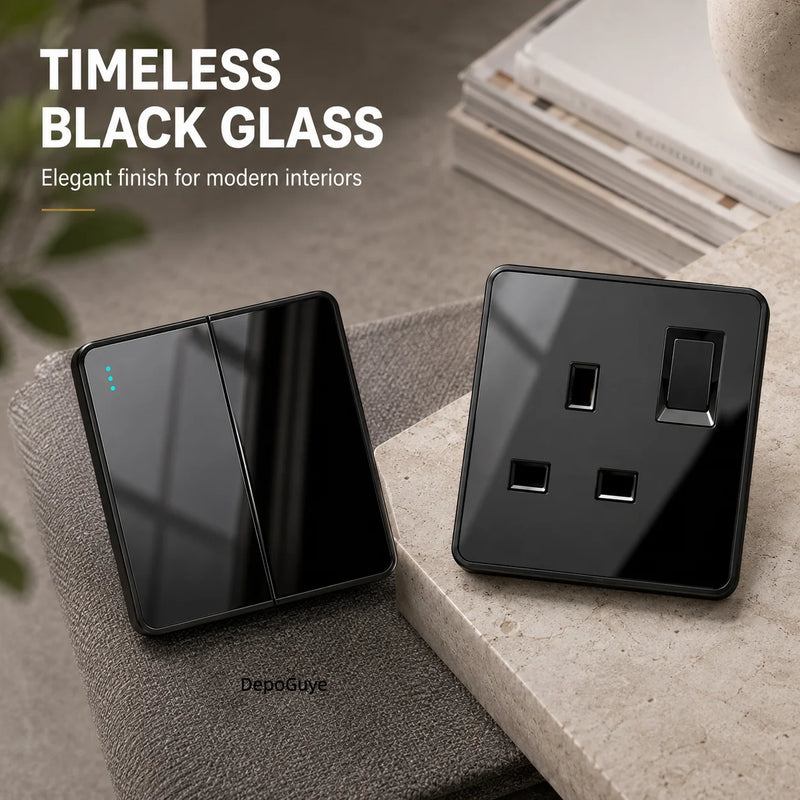 Luxury All Tempered Glass Wall Light Switch Button Black UK Plug 13A Universal Wall Socket with Usb ,220V1gang2way Speed Switch