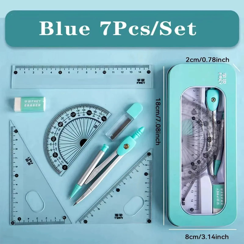 7 PCS Compass and Ruler Sets Triangle Ruler Protractor Rubber Student Exam Specific Ruler Box Set Ruler Set School Starts