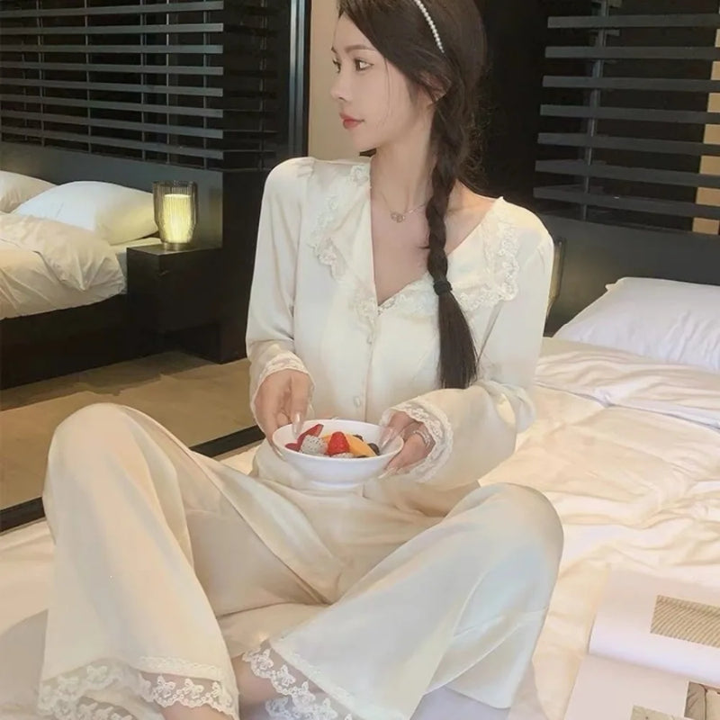 Elegant Sleepwear Women’s Loungewear 2 Pieces Set for Woman Clothes Pajamas New Spring Autumn Long Sleeve Thin Home Clothes Set