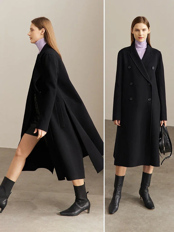 AMII Minimalism 100% Wool Coat Women 2026 Winter Double-breasted French Style Elegant Commuter Loose Long Clothing Tops 12270566