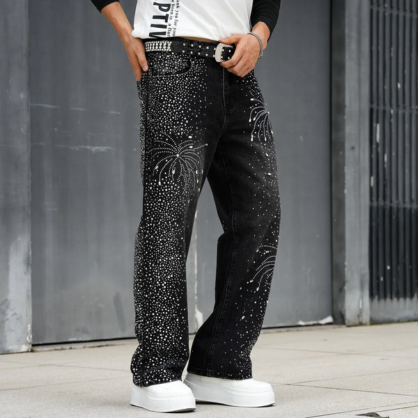 Luxury Men's Black Jeans with Diamond Embellishments, Made of Light Blue Denim Pants. 2027 Fashion Casual Trousers.