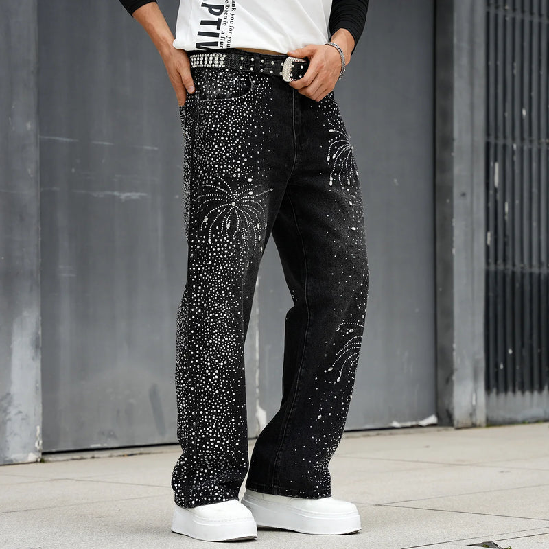 Luxury Men's Black Jeans with Diamond Embellishments, Made of Light Blue Denim Pants. 2027 Fashion Casual Trousers.