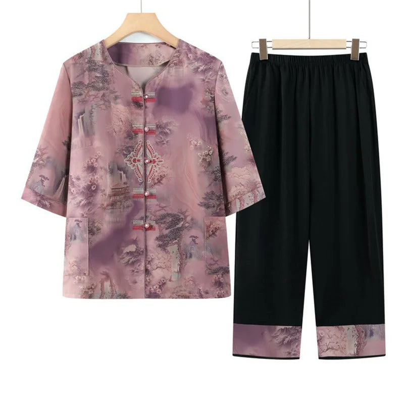 ឈុតគេងសម្រាប់ស្ត្រី XL-5XL បោះពុម្ពបែបវីនថេច សម្លៀកបំពាក់យាយធម្មតា រដូវស្លឹកឈើជ្រុះ រដូវរងា ឈុតសម្លៀកបំពាក់នៅផ្ទះពីរដុំ ឈុតសម្រាប់ម្តាយវ័យកណ្តាល