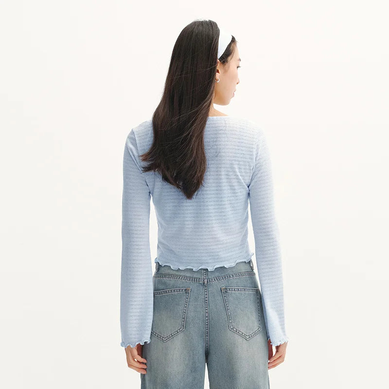 Semir Women Tshirt Textured 2026 Jacquard Slim Fit Ruffle Trim Knitted Crew Neck Urban Casual Everyday Style Soft