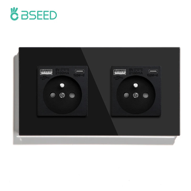 BSEED French Standard Single Wall Power Sockets Double France USB Type-C Port Outlet Crystal Glass Panel Children Protection 16A