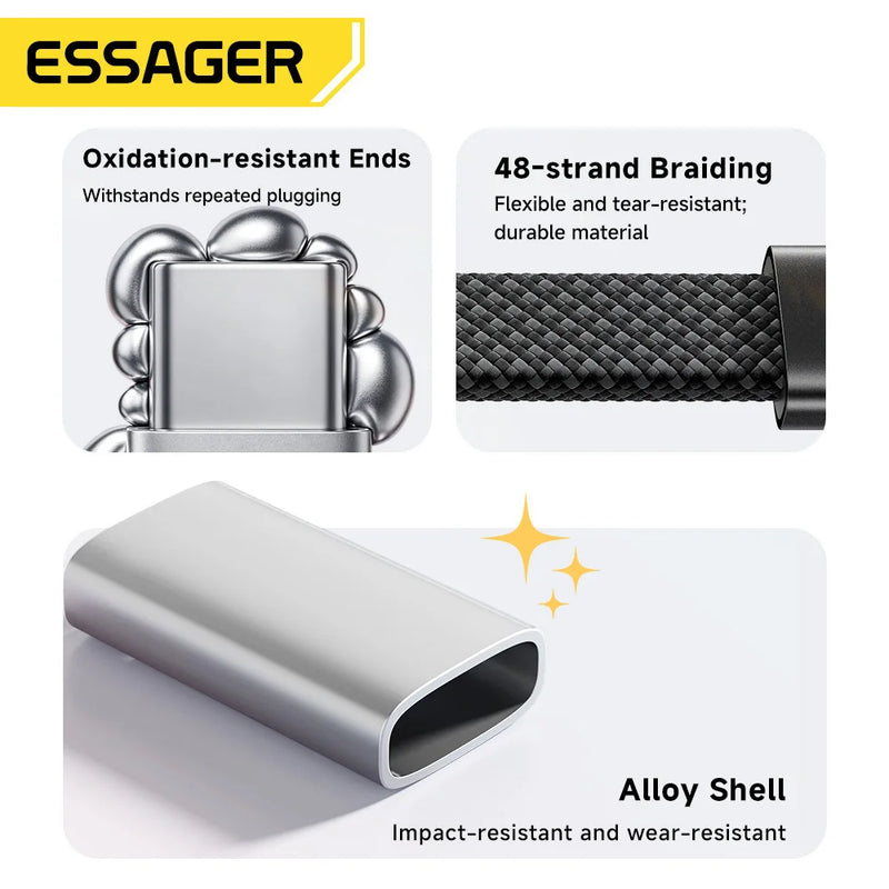 ខ្សែសាក Essager Elbowed 100W USB Type C សម្រាប់ iPhone 17 16 Pro សាកលឿន Type C សម្រាប់ iPad MacBook Pro Xiaomi Samsung Huawei