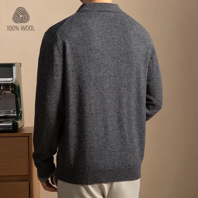 Men's Faux Two-Layer Sweater, 100% Wool 500g, Turn-Down Collar, Old Money Loose Fit Gold Standard Craft